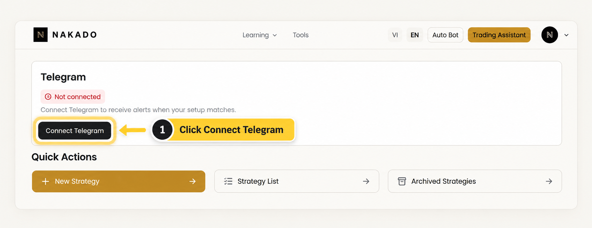 English Trading Assistant workspace with the Connect Telegram action annotated.