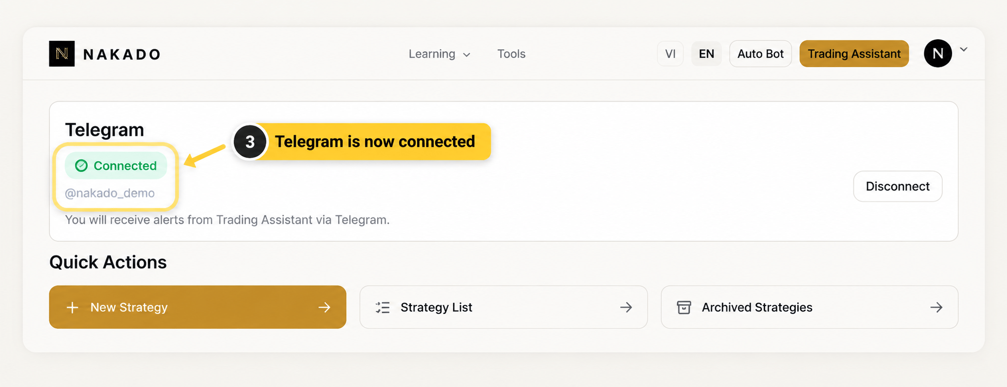 English Trading Assistant workspace showing Telegram in the Connected state.