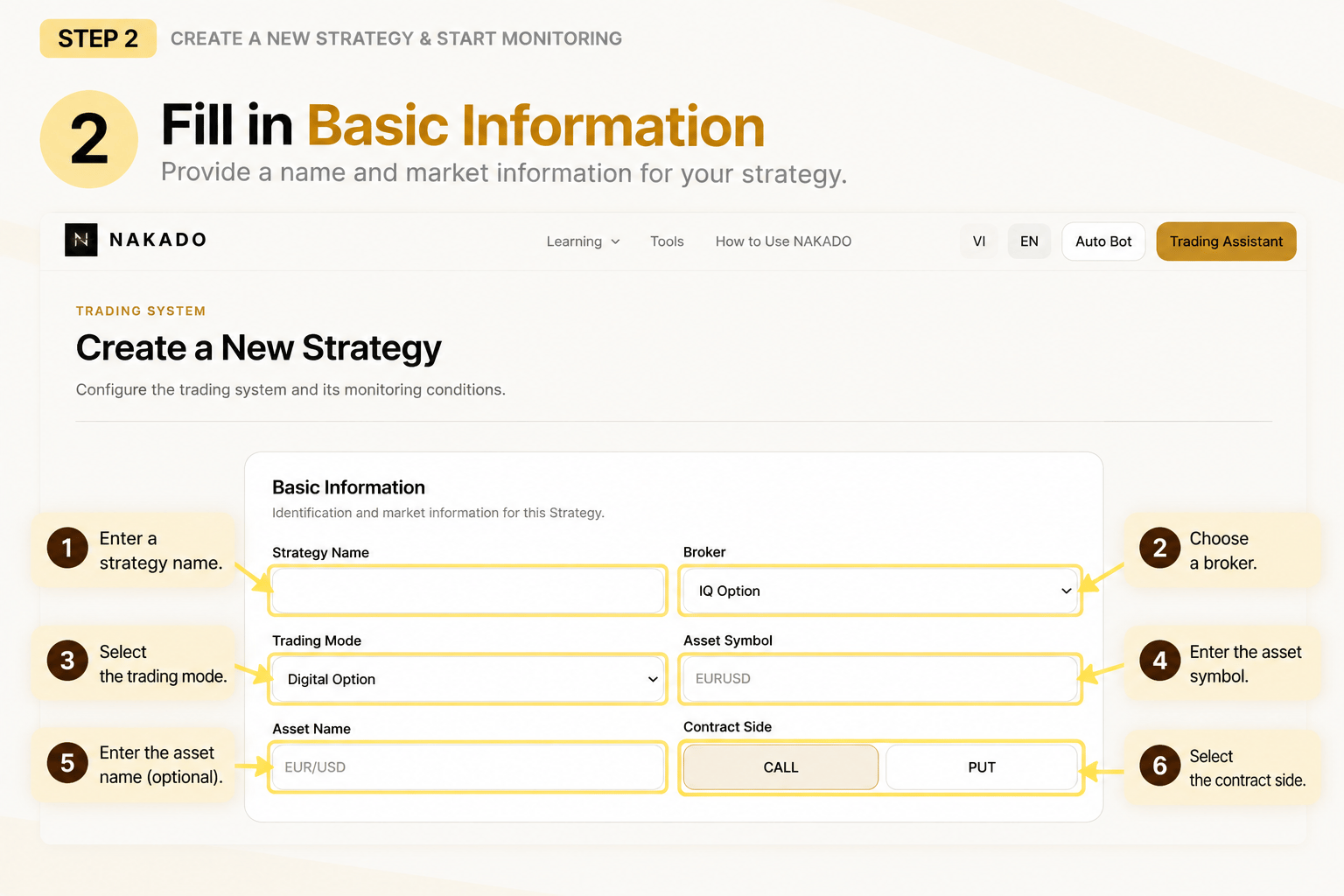 English Strategy creation form with the Basic Information fields annotated.