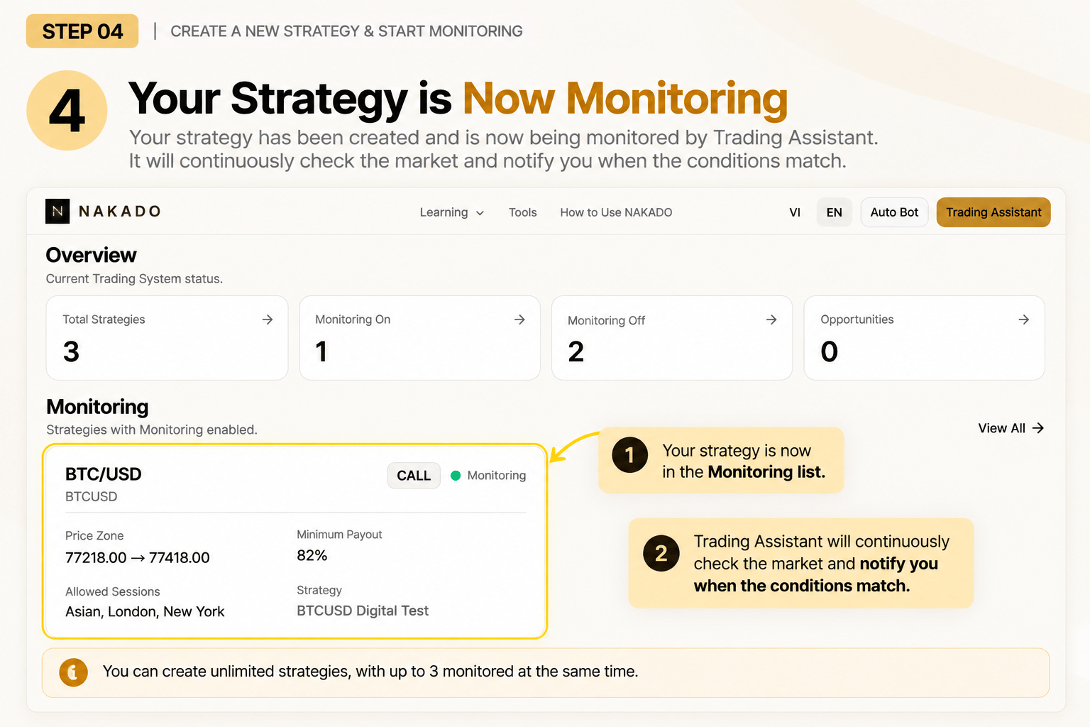 English Trading Assistant overview showing an actively monitored Strategy and the limit of three simultaneously monitored Strategies.