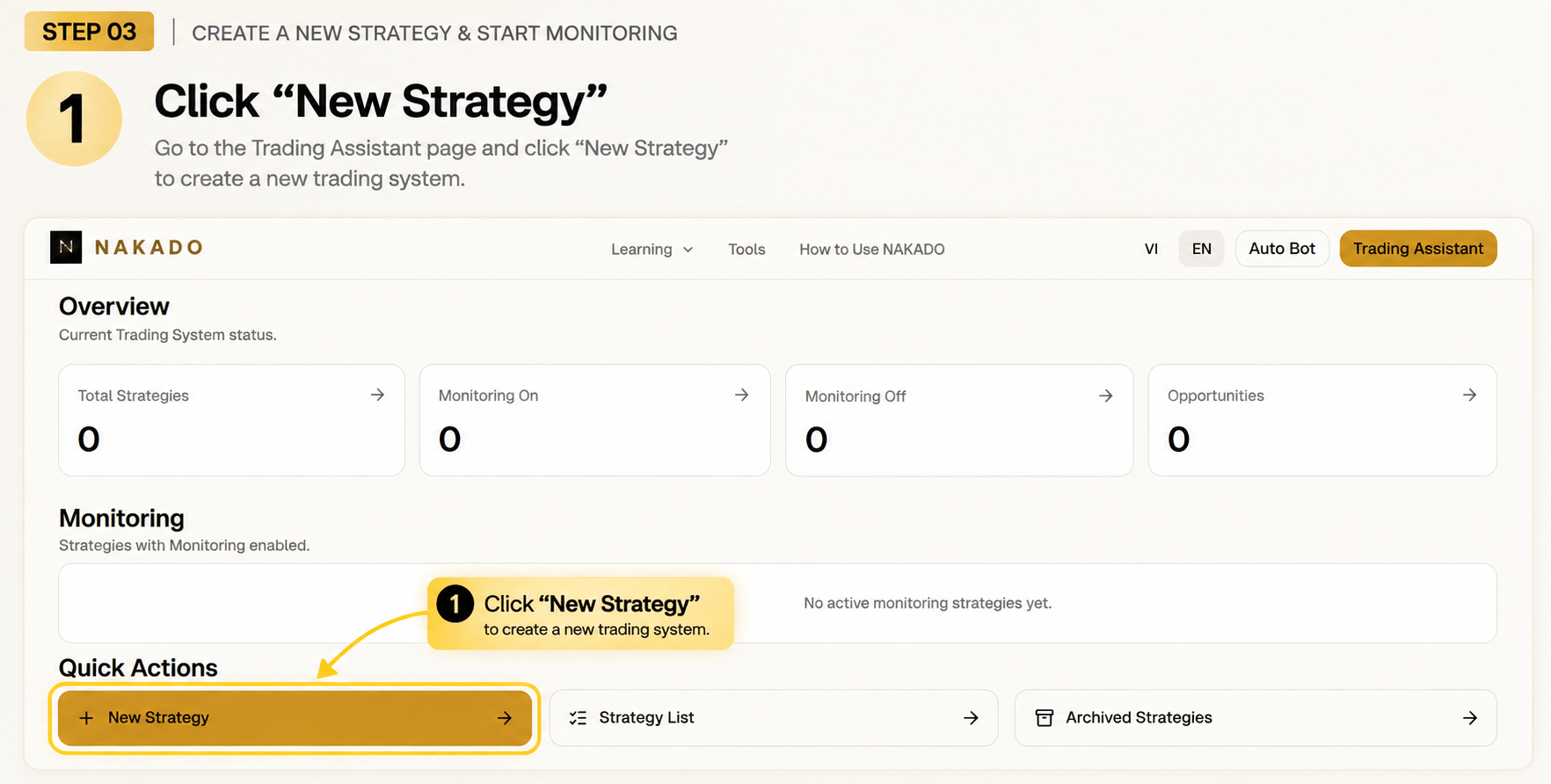 English Trading Assistant workspace with the New Strategy action annotated.