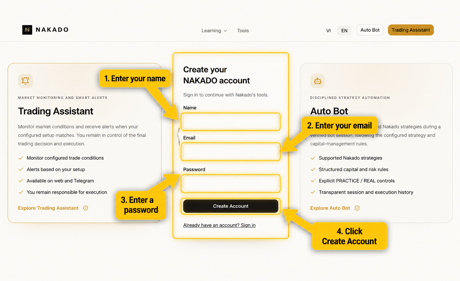 English NAKADO account creation page with annotated name, email, and password fields.