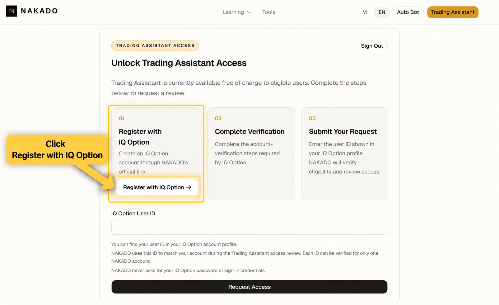 English NAKADO access setup page showing the IQ Option registration action.