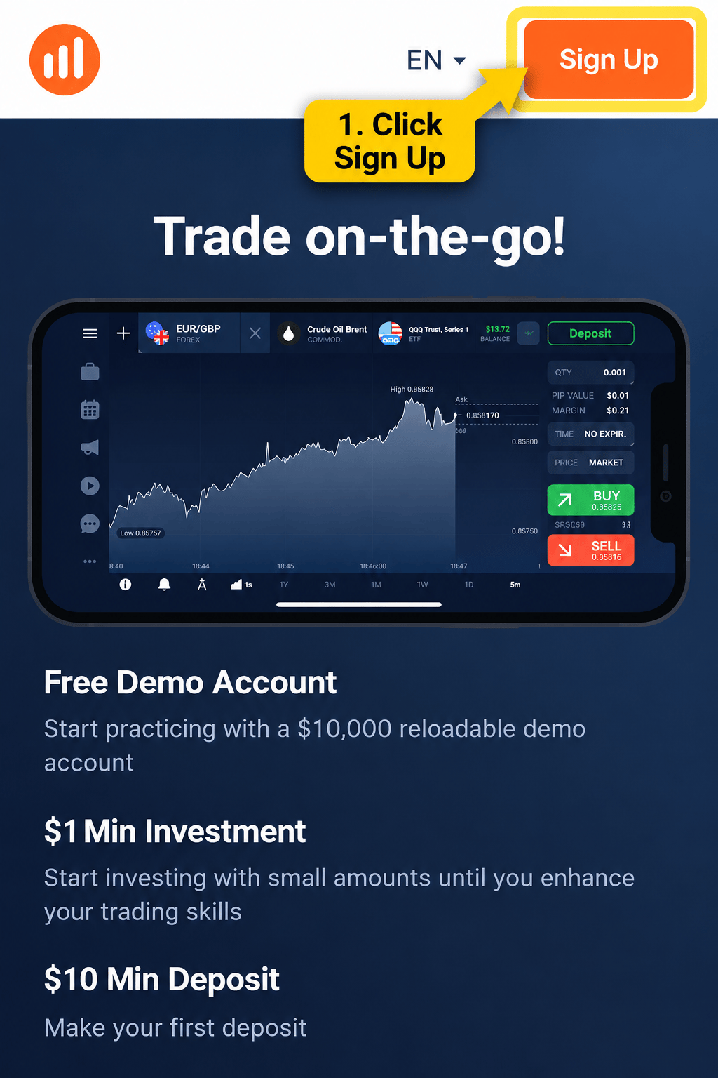 English IQ Option landing page with the Sign Up action annotated.