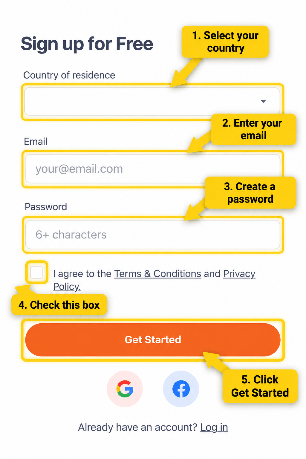 English IQ Option account creation form with the registration fields annotated.