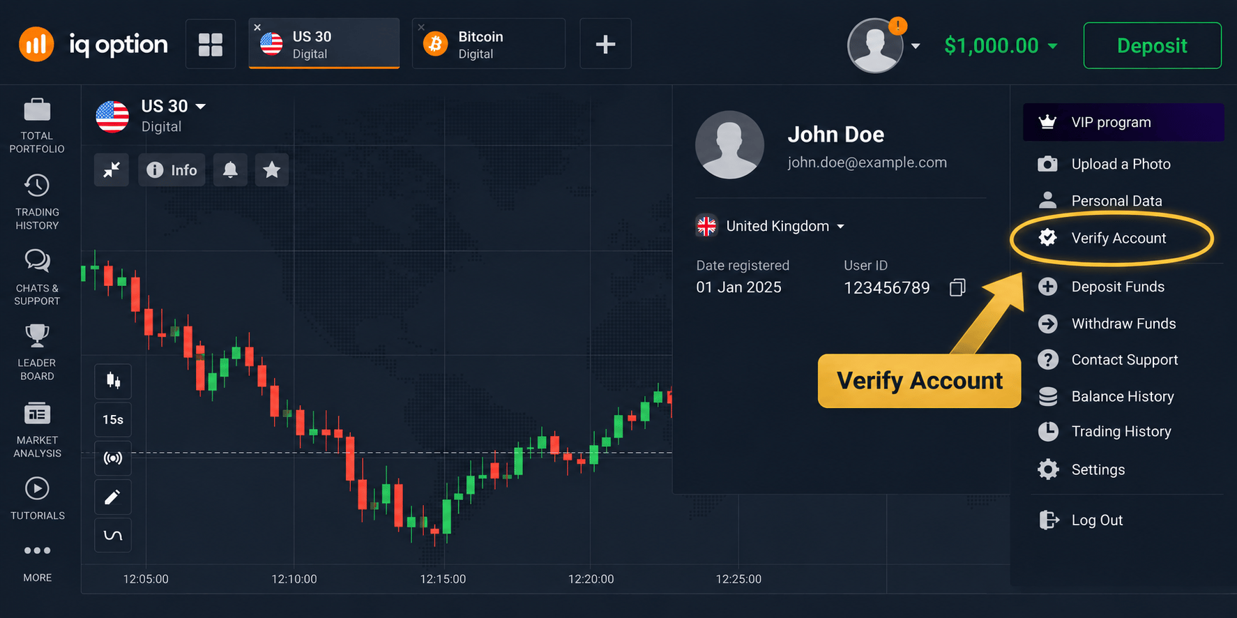 IQ Option profile with the Verify Account menu item highlighted.