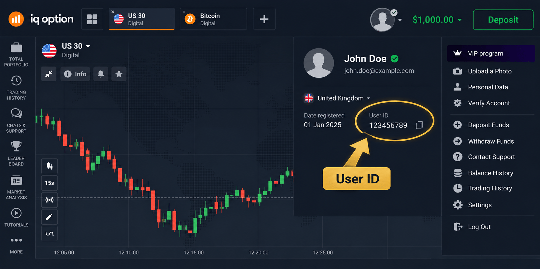 IQ Option profile showing the User ID location and copy action.