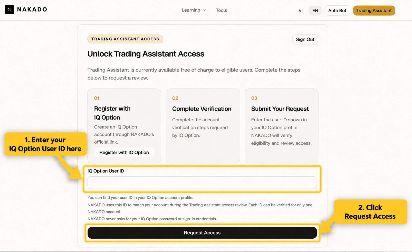 English NAKADO access request page with the IQ Option User ID field and submit action annotated.