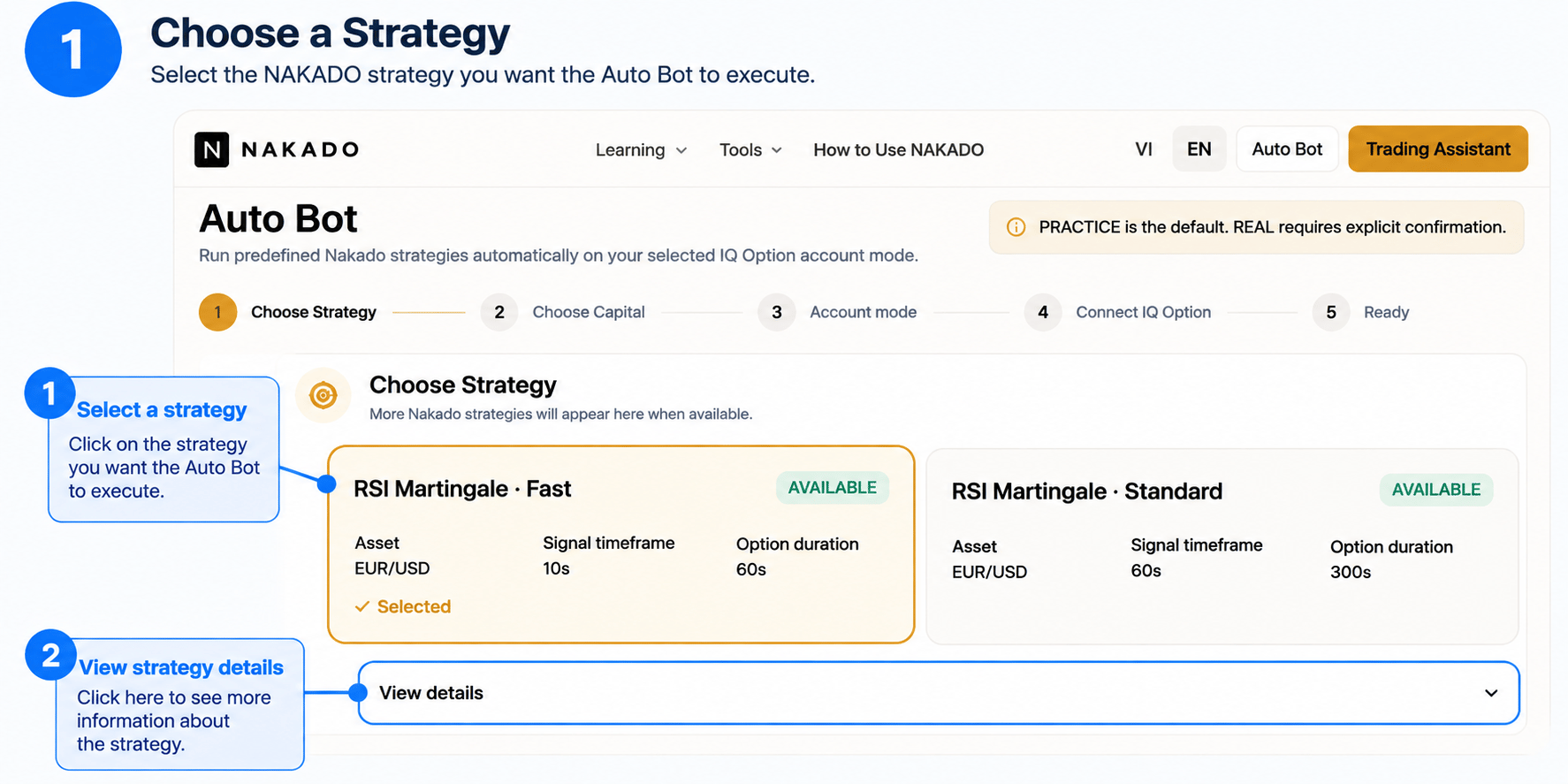 English Auto Bot interface showing the strategy selection step and key strategy information.