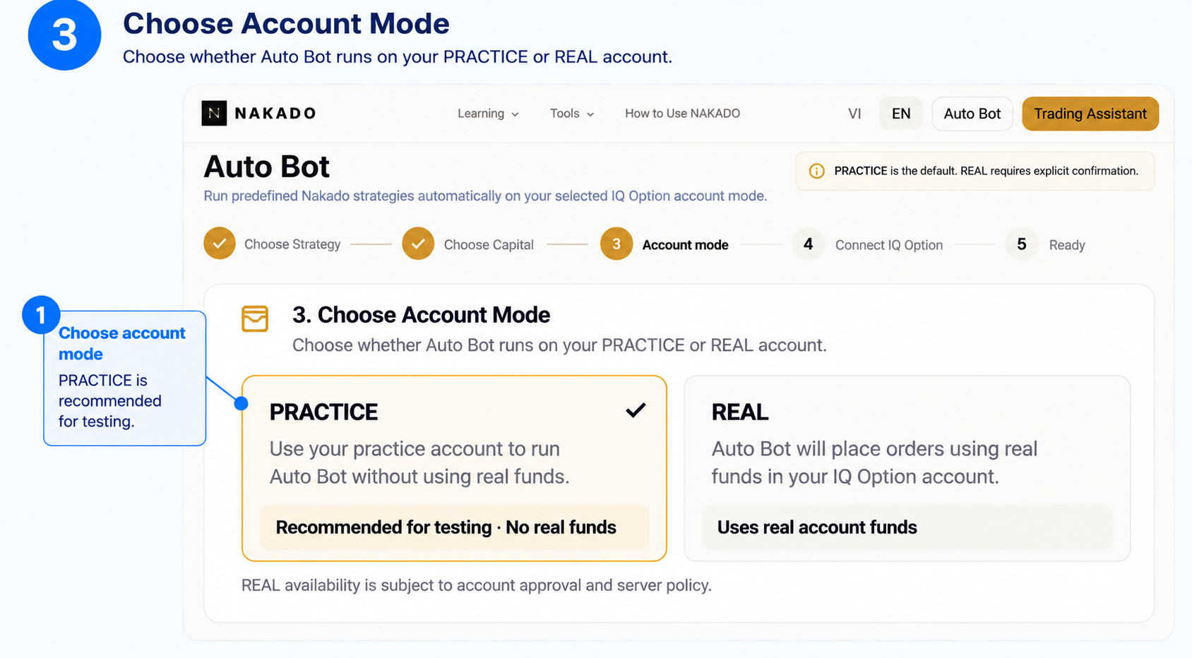 English Auto Bot interface showing PRACTICE and REAL account mode choices.