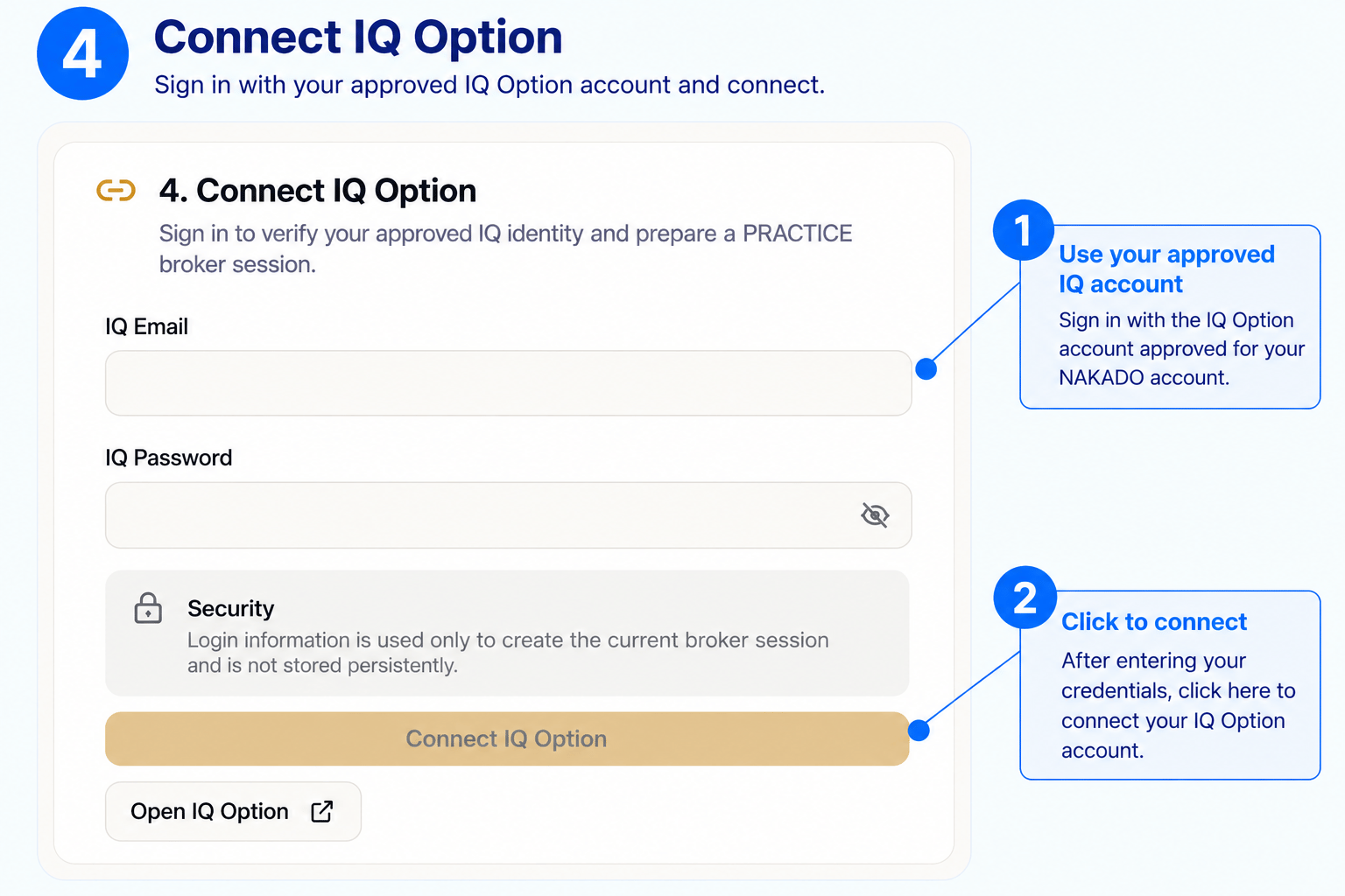 English Auto Bot interface showing the connection form for the approved IQ Option account.