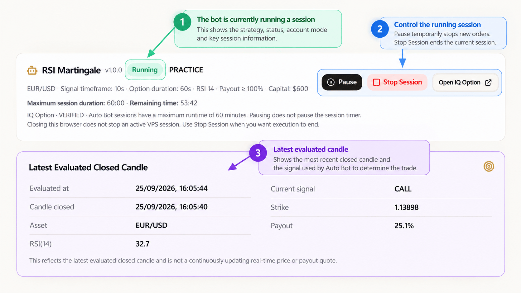 English Auto Bot dashboard showing a running session, session details, and the Pause and Stop Session controls.